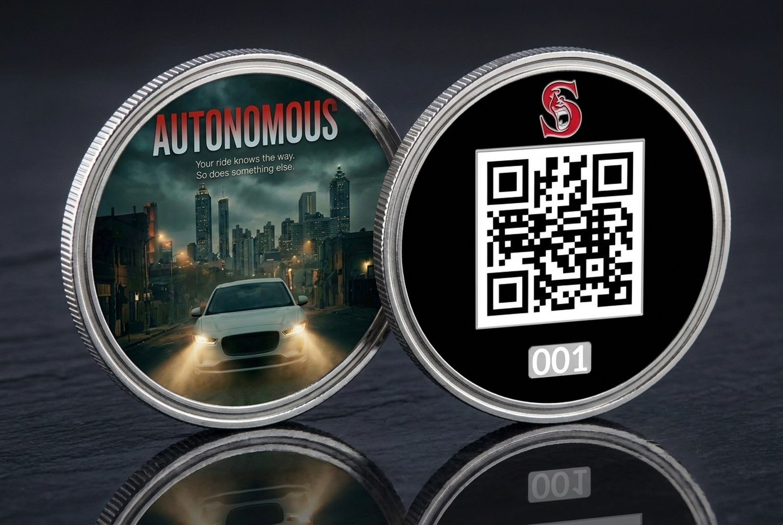 HorrorCoin front and back — movie artwork on the front, unique QR code on the back