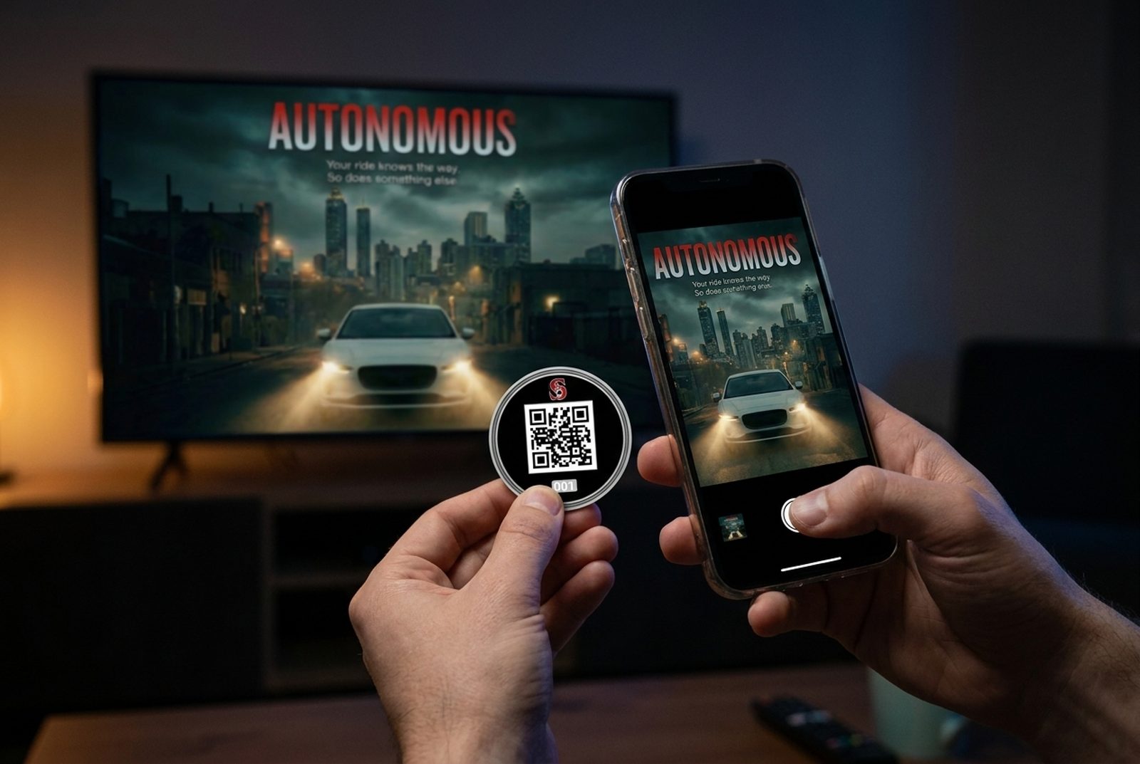 Scanning a HorrorCoin with a phone while the movie plays on the TV